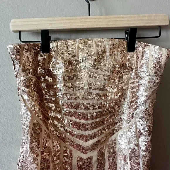 Women's S Fashion Nova Rose Gold Body-con Sequin Dress Strapless Fitted Bodycon - Picture 4 of 8